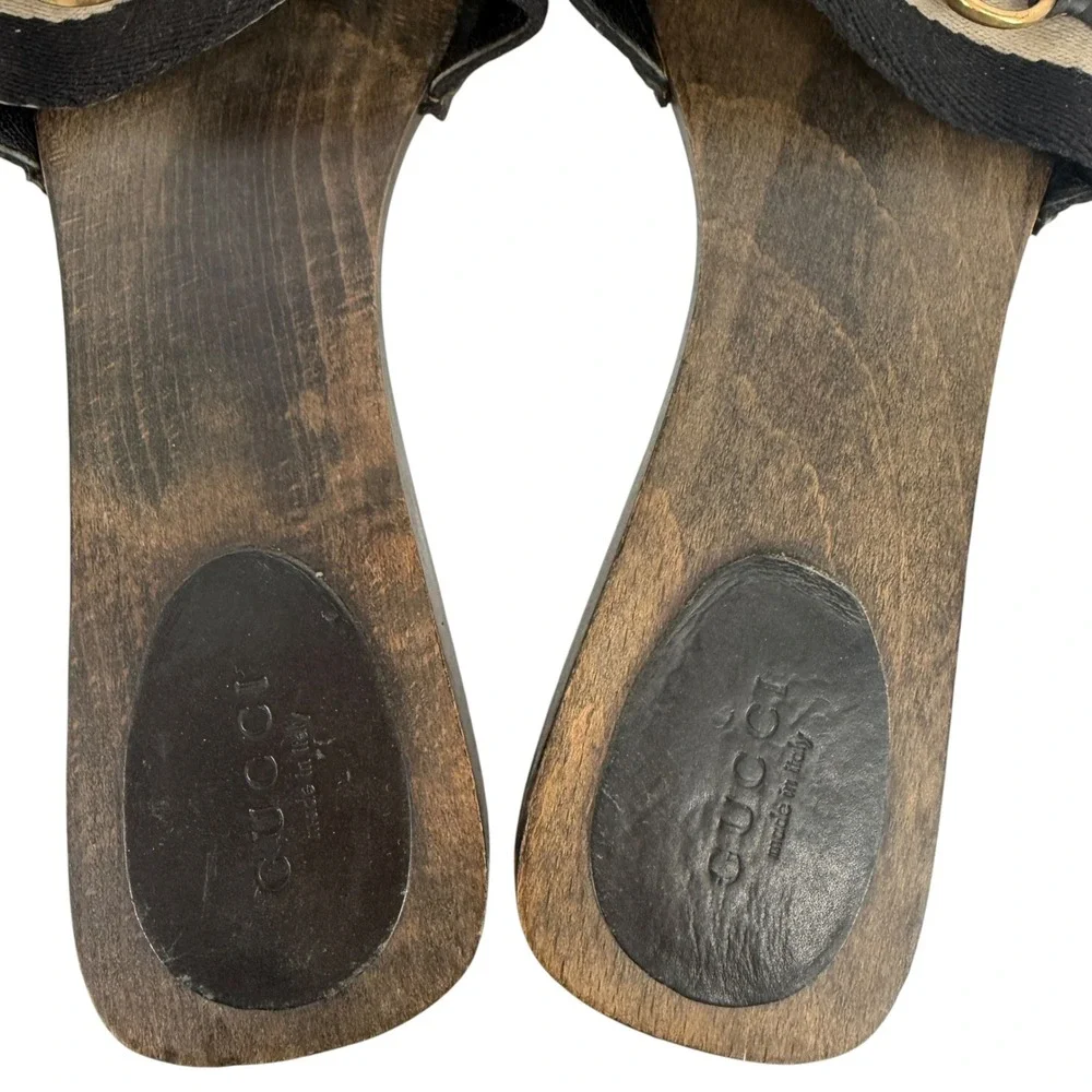 Gucci Vintage Horse-bit Wooden Slide Sandals Black Striped Canvas 8.5 Italy